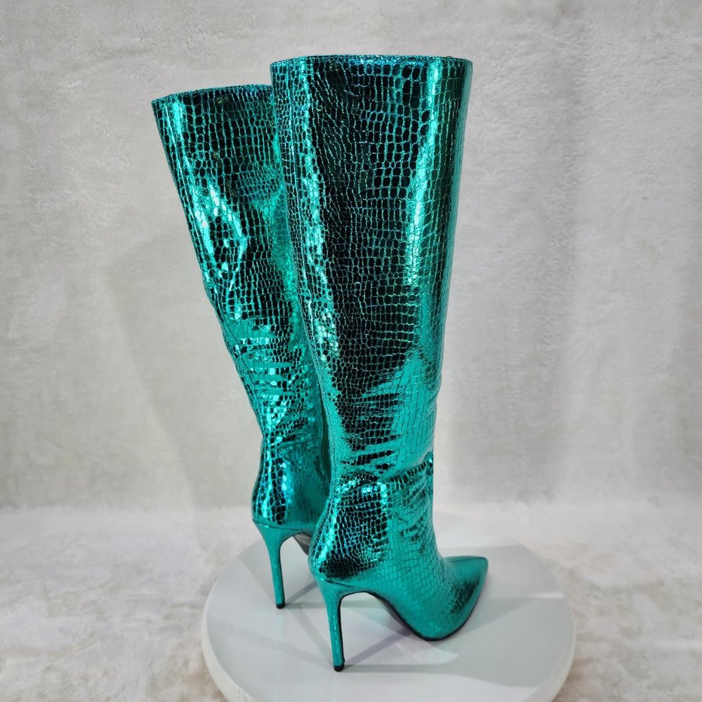 Green Metallic  Festive   Pointy Toe Boots With 4 inch Stiletto Heel - Picture 10 of 10